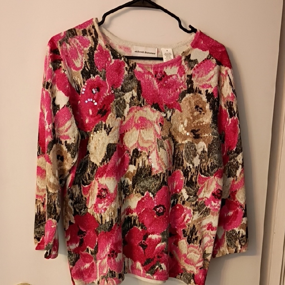 Alfred Dunner Pink‎ and Brown Floral Long Sleeve Blouse Size M